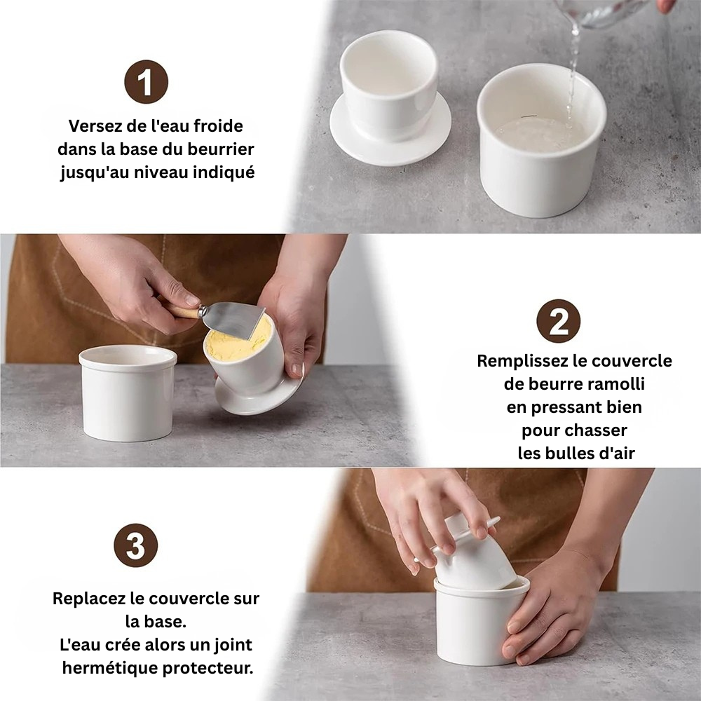 Beurrier à Eau en Porcelaine  
Garde le Beurre Mou et Frais sans Réfrigérateur