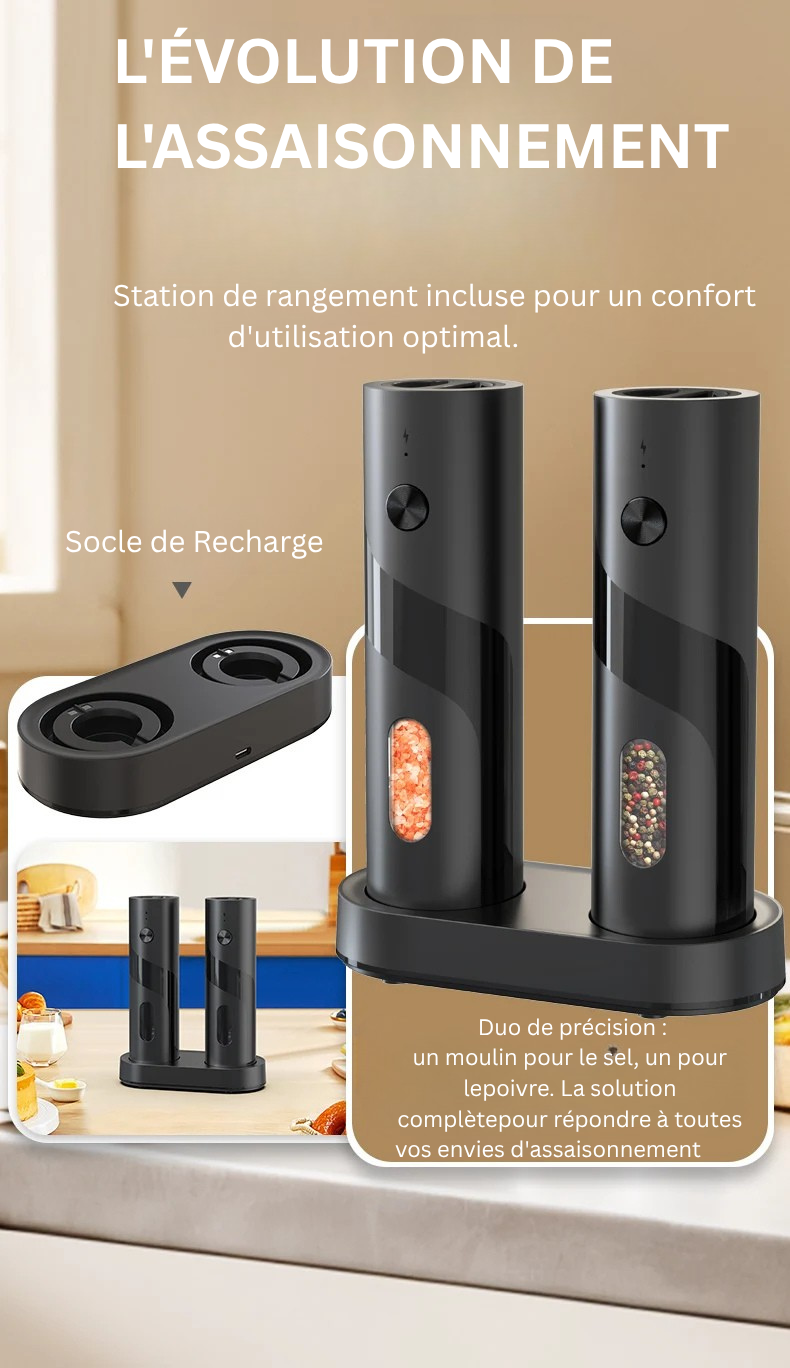 Duo de Moulins Électriques de Précision 
Rechargeables USB, Finesse Réglable & Éclairage LED