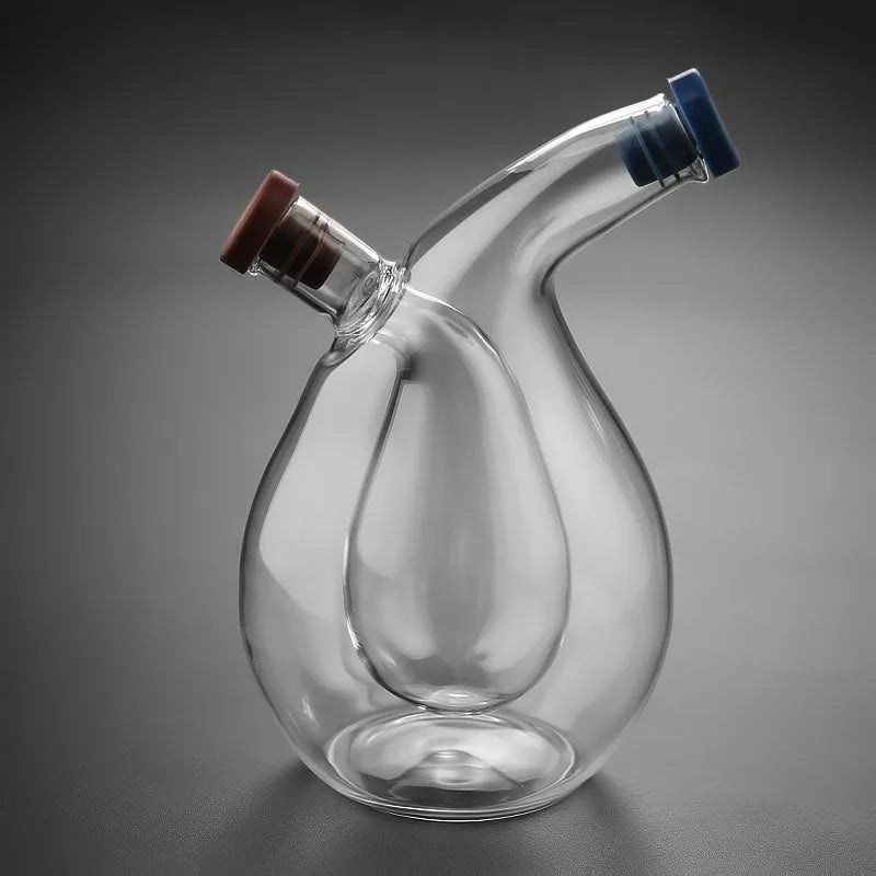 Bouteille d'Huile et Vinaigre 2-en-1 en Verre 
Design Double Couche avec Bouchons en Liège